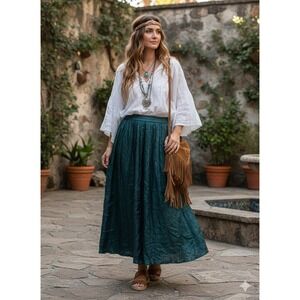 PASTA Teal Crinkle Maxi Skirt Boho‎ Festival Flowy Size Medium
